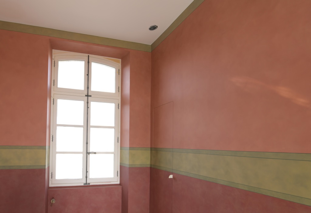 DECOR-PEINT-Dans-une-salle-de-bain-dun-grand-hotel-particulier-decor-de-tons-Pompeiens-detail-du-travail-en-cours- DÉCOR PEINT: Dans une salle de bain d'un grand hôtel particulier décor de patines aux tons et aspects Pompéiens - détail du travail en cours