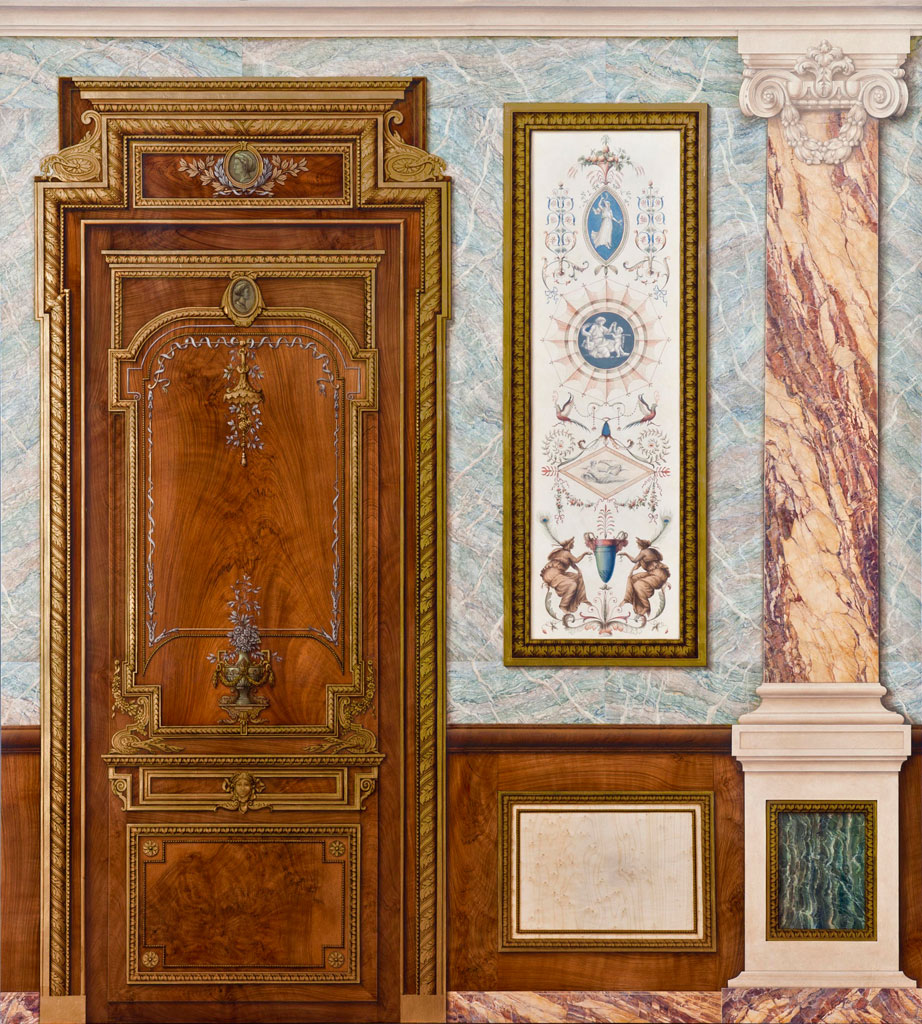 meilleur-ouvrier-de-france-peinture-decorative JOËLLE GODEFROID MEILLEUR OUVRIER DE FRANCE : panneau de concours, décors d'immeuble parisien de style Néoclassique, avec Faux bois, faux marbres, fausses moulures et imitation de grotesque sur papier peint.
